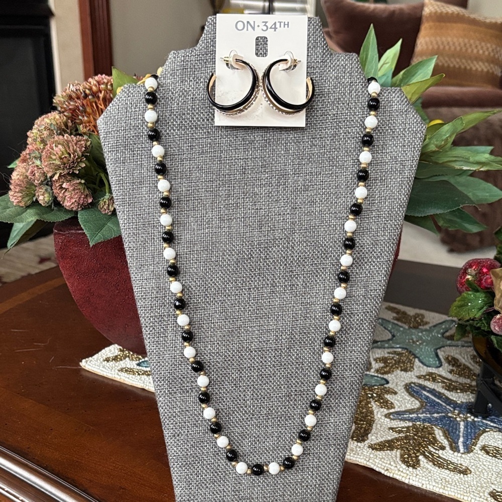 On 34th Rhinestone Hoop Earrings w/ Vintage Black & White Beaded Long Necklace